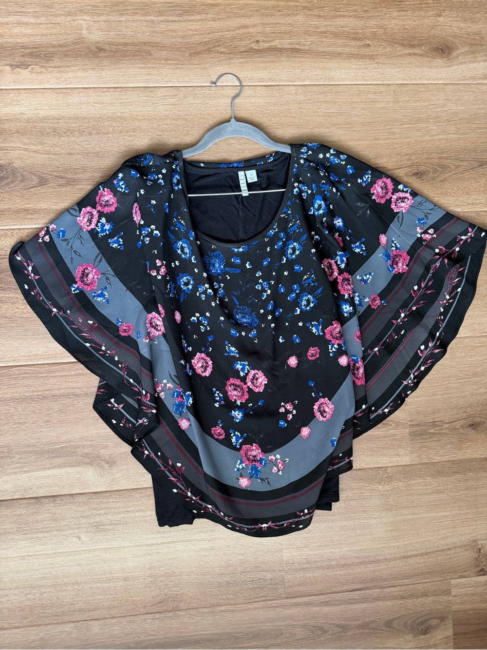 Elle Black Floral Tunic with Pink and Blue Blossoms